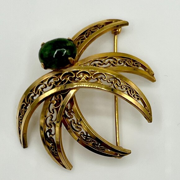POLCINI Brooch Pin Signed 12K GF Gold Plated Jade Green Stone Filigree Vintage - Picture 10 of 12